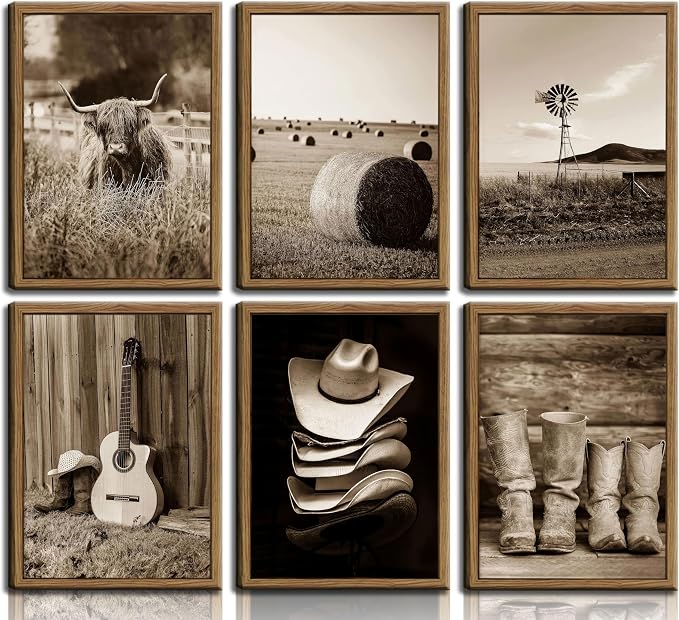 6Pcs Vintage Western Cowboy Wall Art, Highland Cattle Prints, 10" L x 8" W | Rustic Farmhouse Canvas Posters, Country Western Style Wall Decor for Bedroom and Kitchen, Unframed