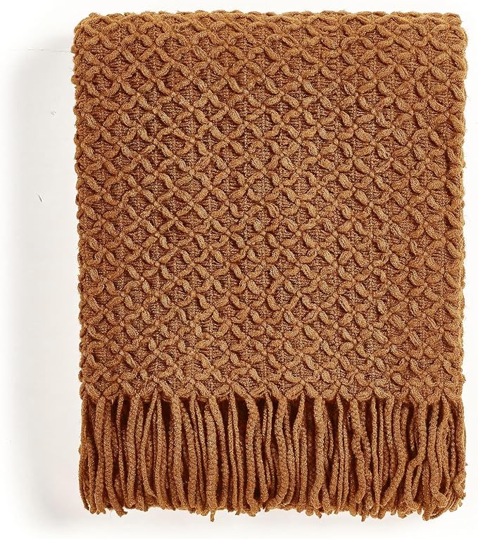 CREVENT Farmhouse Boho Knitted Throw Blanket for Couch Sofa Chair Bed Home Decoration, Soft Warm Cozy Light Weight for Spring Summer Fall (50''X60'' Caramel/Rust Burnt Orange)
