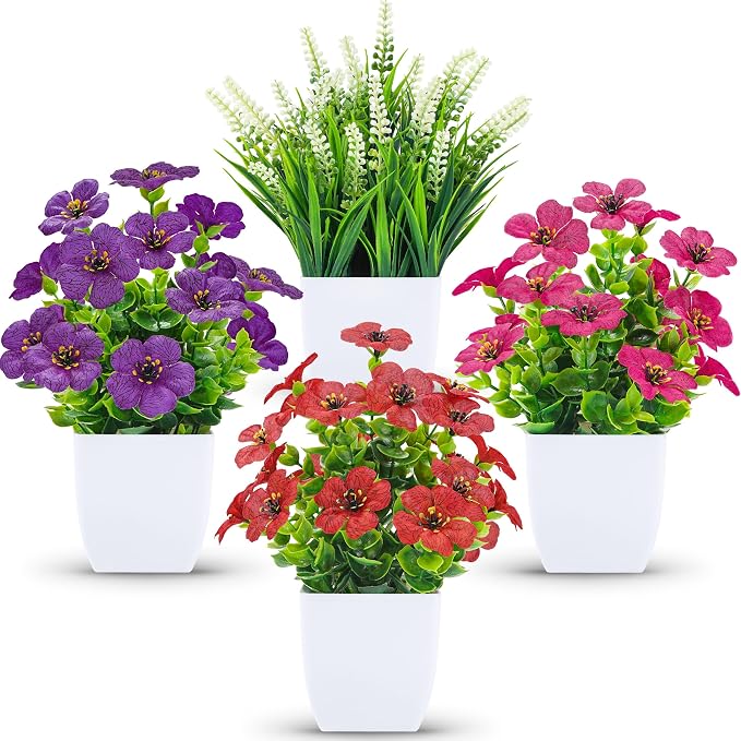 Der Rose 4 Pack Small Artificial Flowers in White Pots, Spring Home Decor | UV-resistant artificial plants, colorful mixed flower styles, for desk shelf bathroom bedroom classroom and spring home decor