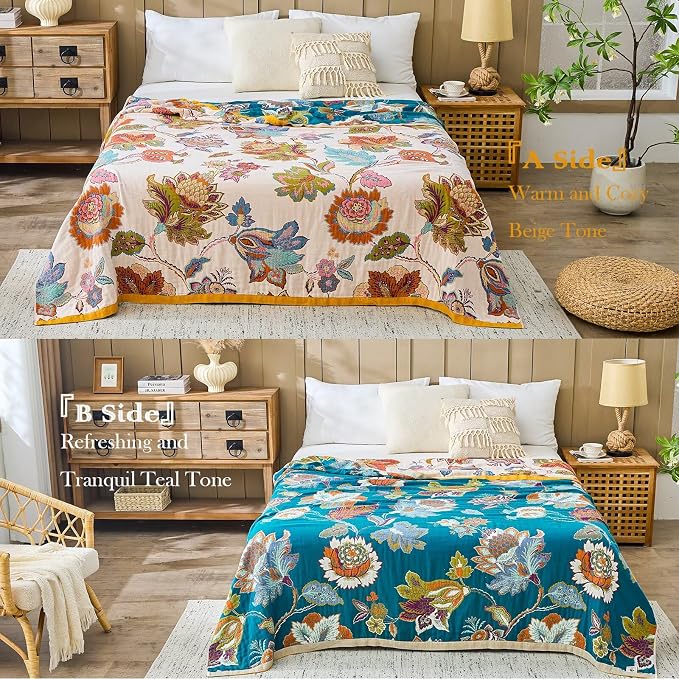 XIBLC Boho Throw Blanket 100% Cotton Vintage Blanket Muslin Woven Flower Decorative Throw Blankets All Season Bohemian Rustic Farmhouse Decor Quilt for Bed (Beige 60"x80")