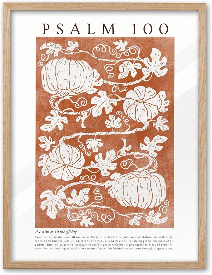 EcoHest 12x16in Psalm 100 Pumpkin Thanksgiving Botanical Christian Wall Art | Natural Oak Wood Frame with Canvas Wall Art, Fall Scripture Bible Verse Decor for Bedroom, Living Room, Office, Church, 1Pack