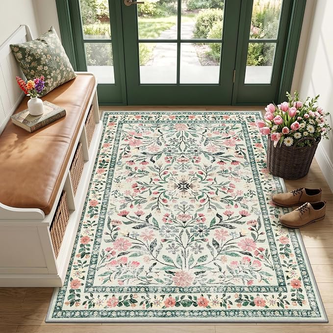 Area Rug Living Room Rugs: Floral 3x5 Washable Rug Vintage Soft Boho Non-Slip Carpet Indoor Floor Stain Resistant Large Carpets for Bedroom Dining Room Farmhouse Nursery Hallway Green/Beige
