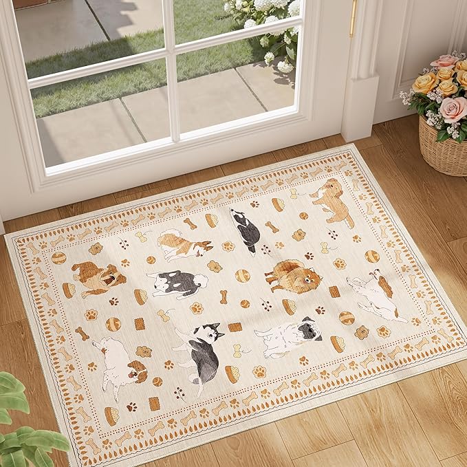 DUKINO 2x3 Bathroom Rugs, Washable Dog Kitchen Rug Non Slip, Beige Yellow | Low Pile, Stain Resistant Soft Indoor Door Mat, Small Front Door Animal Throw Carpet for Entryway Bedroom Farmhouse Kids Room
