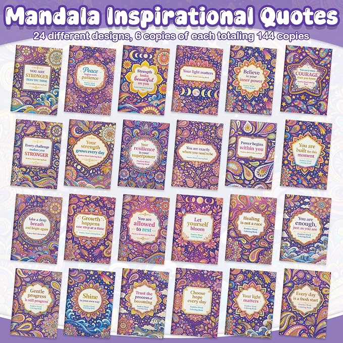 Liliful 144 Pcs Mandala Inspirational Coloring Book Bulk Mini Coloring Books with Positive Quotes, Stress Relief Drawing Book for Kids Adults DIY Art Party Favors Goodie Bag Filler Holiday Gifts