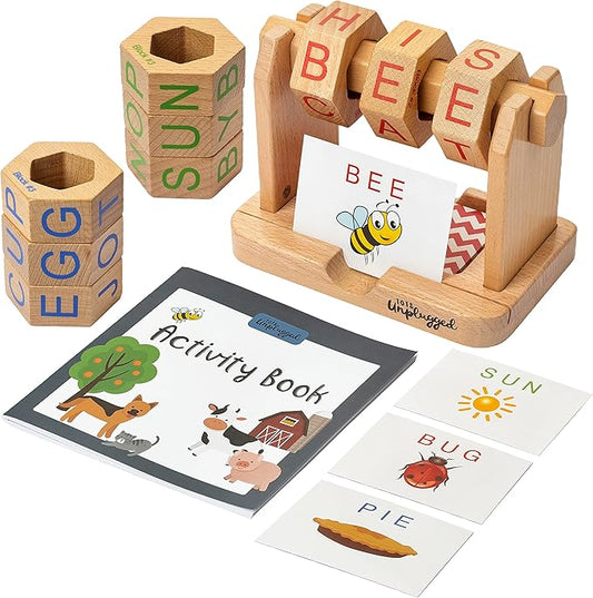 Real Wood Spin and Read Montessori Phonetic Reading Blocks Combines Spelling Blocks with Phonics flashcards for a Frustration Free Spelling for Kids and Beginner CVC Reading