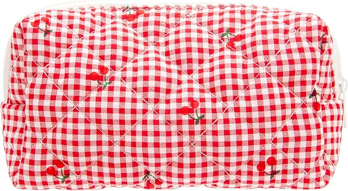 PAZIMIIK Small Quilted Makeup Bag,Zipper Cosmetic Pouch,Gingham Red Cherry | Lightweight Cosmetic Bag Organizer for Women,Purse Storage Holds Makeup,Toiletries,Skincare,Beauty Essentials,Travel Items
