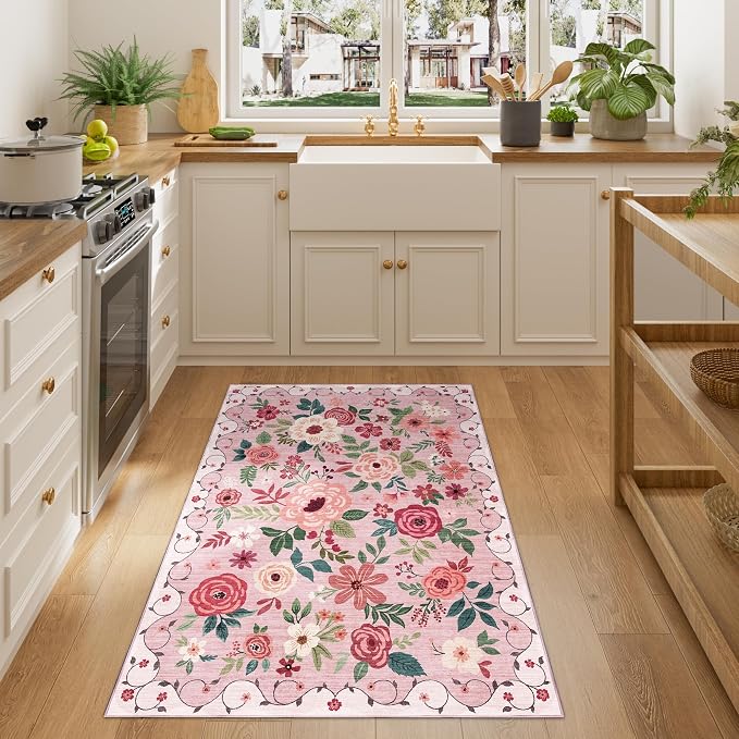 DUKINO 3x4 Area Rug, Floral Washable Rug for Kitchen Non Slip, Pink | Low Pile, Soft, Stain Resistant Indoor Rug for Entryway, Bedroom, Bathroom, Laundry, Pet Friendly, Home Decor, Lightweight