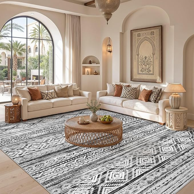 cotiled 9x12 Area Rugs Living Room Rug: Washable Boho Rugs with Non Slip Backing Large Soft Indoor Stain Resistant Carpet for Bedroom Farmhouse Dining Room Lightweight Home Decor White/Black
