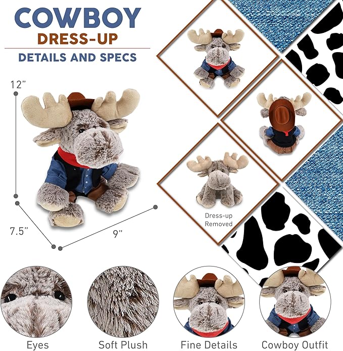 DolliBu Floppy Moose Stuffed Animal Cowboy Plush with Name Personalization - Western-Themed Moose Plush with Cute Cowboy Costume Denim Shirt Vest, Bandana, Leather Pants, and Hat - 12 Inches