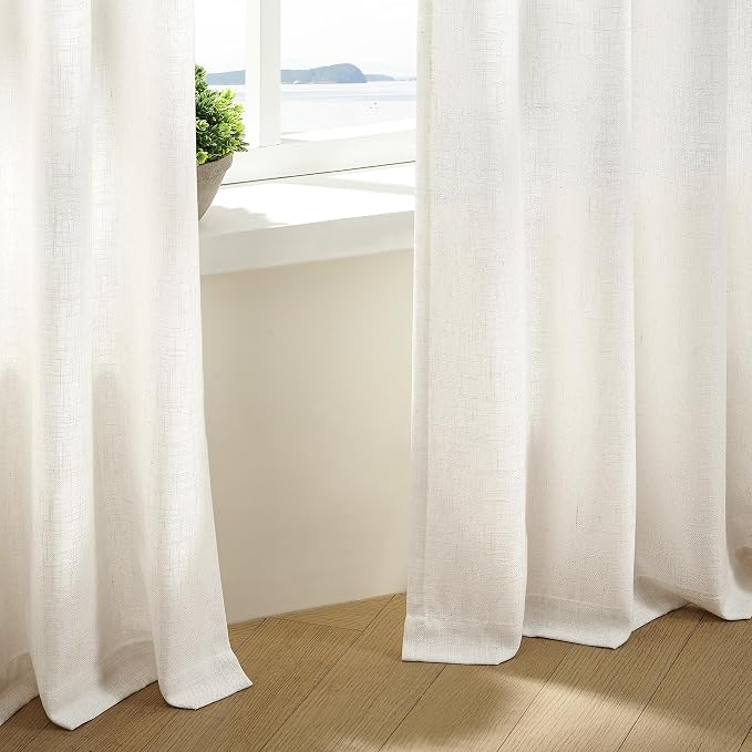 Extra Wide Pinch Pleat Linen Curtains 108 Inches Long for Living Room Sliding Glass Door 100 Inch Wide Semi Sheer Curtain Cream Ivory Pleated Drape Hooks Rings 100x108 Large Window Curtain 1 Panel