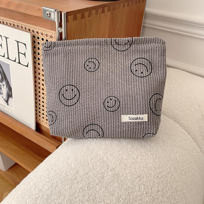 Cosmetic Bags for Women - Corduroy Cosmetic Bag Aesthetic Women Handbags Purses Smile Dots Makeup Organizer Storage Makeup Bag Girls Case Bags (A-Gray)