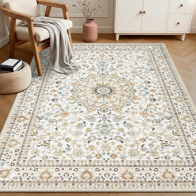 4x6 Area Rugs for Living Room: Washable Rug Soft Vintage Boho Carpet Indoor Floor Non-Slip Stain Resistant Floral Large Carpets for Bedroom Dining Room Farmhouse Nursery Home Office Beige