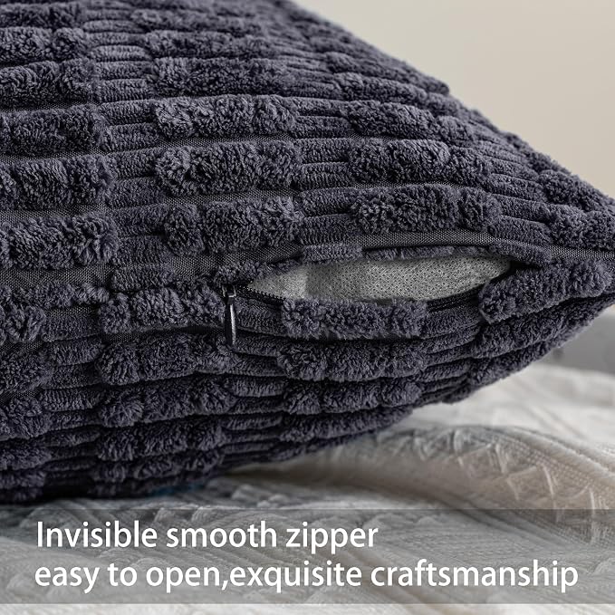 Pack of 2 Corduroy Decorative Throw Pillow Covers 16x16 Inch, Dark Grey | Fall Soft Striped Pillow Covers Modern Farmhouse Home Decor Christmas Throw Pillow Covers for Sofa Living Room Couch Bed