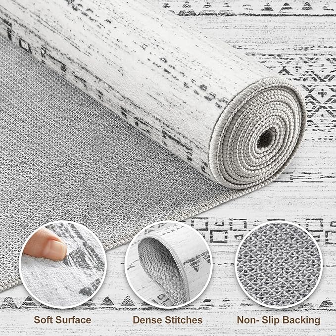 Nakagishi Boho 8x10 Area Rug Living Room Rugs Machine Washable Gray | Soft, Pet & Kid Friendly, Carpet for Living Room/Bedroom/Office/Kitchen/Nursery, Daily Home Decor Stain Resistant Moroccan