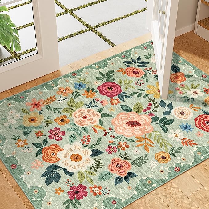 DUKINO 2x3 Rug, Floral Washable Rug for Entryway Non Slip Door Mat, Green | Low Pile, Non-Shedding Small Rug for Kitchen, Entrance, Bedroom, Bathroom, Pet Friendly, Stain Resistant, Modern Home Decor