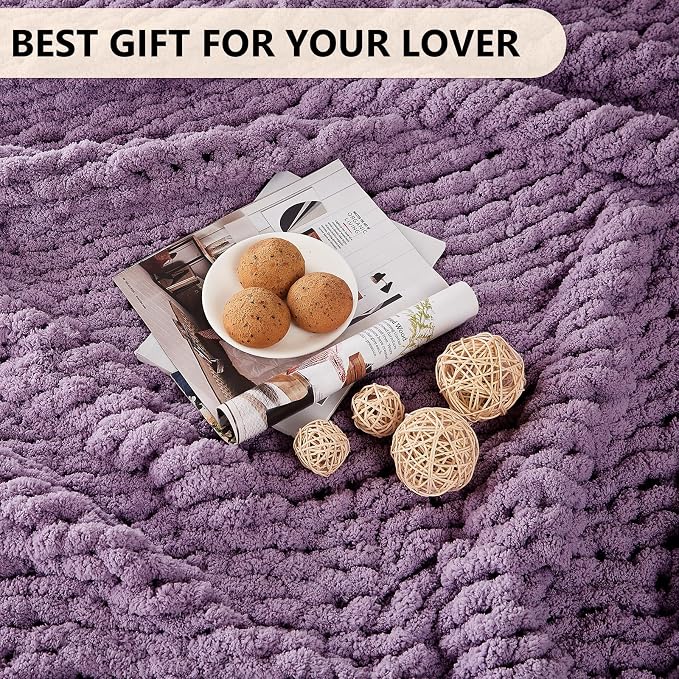 L'AGRATY Chunky Knit Throw Blanket for Couch, 50 x 60 Inches, Deep Purple | Handmade Chenille Crochet Blanket for Sofa Bed, Thick Cable Knitted Blankets for Room Home Decor, Birthday Gift for Women Mom