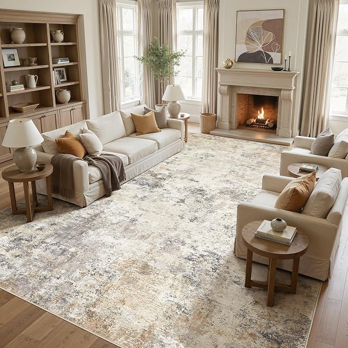 UERMEI 11x14 Area Rug Living Room Rugs - Washable Neutral Modern Abstract Soft Thin Large Rug Indoor Floor No Slip Rug Carpet for Bedroom Under Dining Table Home Office Decor - Golden Grey