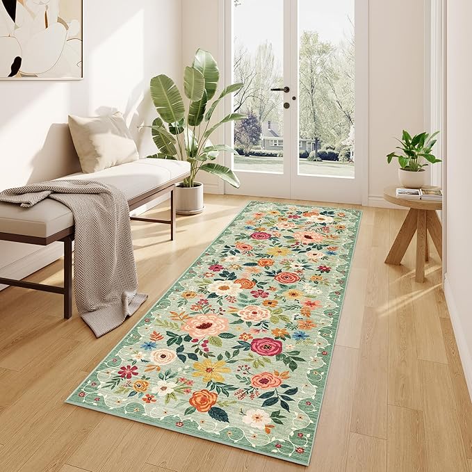 DUKINO 2x10 Runner Rug, Floral Washable Kitchen Runner Rug Non Slip, Green | Soft, Low Pile, Stain Resistant Indoor Rug Runner for Hallway, Entryway, Bedroom, Bathroom, Laundry, Pet Friendly, Home Decor