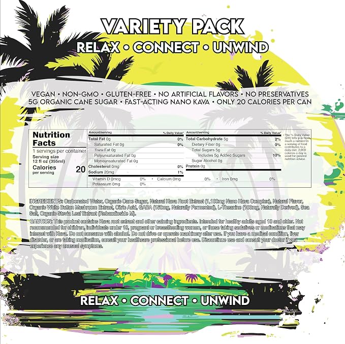 AVA Kava | Alcohol-Free Relaxation Drink | Variety Pack | Fast Acting Nano Kava • Zero Sugar Alcohols • Vegan • Plant Based • No Preservatives • Natural Flavors • Non GMO • Gluten Free | 12oz Cans (12-Pack)
