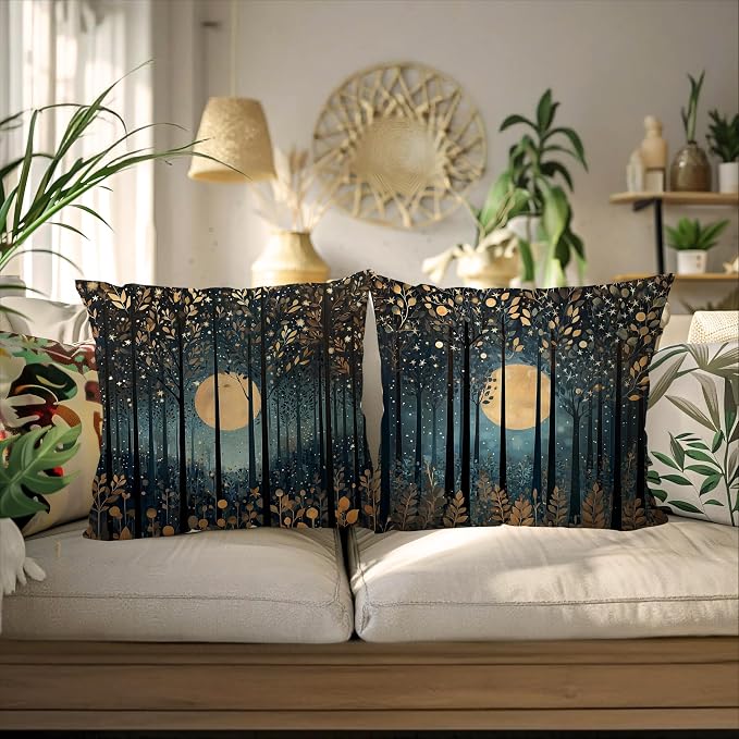 Vintage William Morris Inspired Gold Moon Pillow Covers 18x18 Set of 2,Rustic Black and Gold Moon Forest Botanical Nature Landscape Decorative Throw Pillow Covers for Home Bedroom Living Room