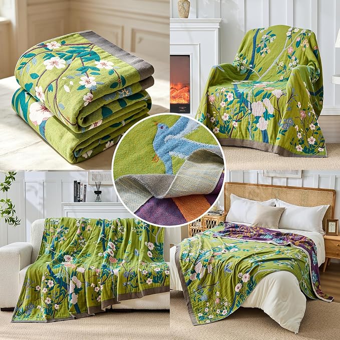 Boho Throw Blanket Farmhouse Decor Throw Blanket Bohemian Blanket for Bed 100% Cotton Muslin Woven Couch Blanket All Seasons Quilt Bedroom (I-Green, 60"x80")