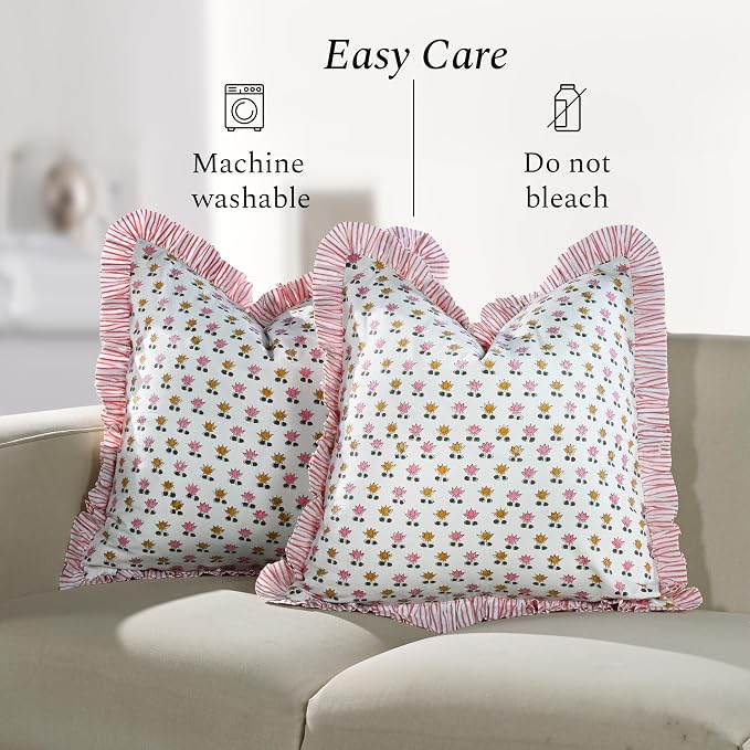 CPC Rosette Bloom Hand Block Print 100% Cotton Ruffle Throw Pillow Cover 18x18 inch with Hidden Zipper Decorative for Couch, Bed, Sofa, Farmhouse, Cottagecore Decor Gift Christmas Fall Thanksgiving