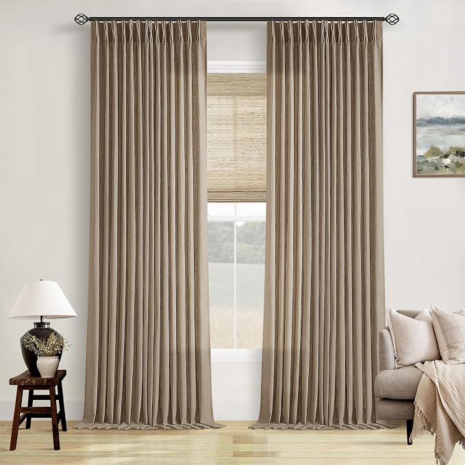 Extra Long Light Brown Linen Curtains 120 Inches Long Tan Brown Coffee Latte Farmhouse Rustic Curtain Light Filtering Semi Sheer Back Tab Pinch Pleat Curtain for Tall Ceiling Living Room 2 Panels