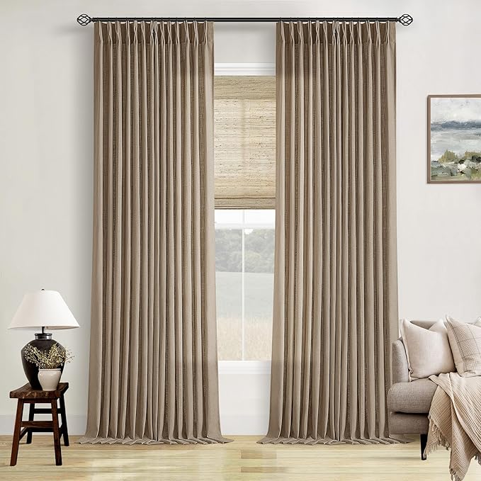 TWODRAPES Light Brown Linen Curtains Pinch Pleated Living Room Bedroom Dining Boho Light Filtering Pinch Pleat Drapes Hooks Rings Back Tab Semi Sheer Tan Latte Coffee Color Window Curtains 2 Panels