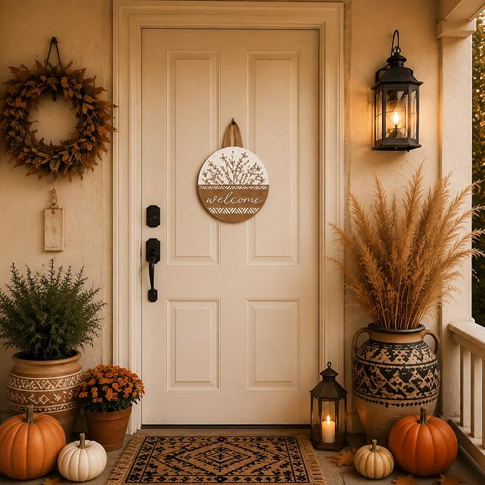 3D Wooden Welcome Sign for Front Door, Boho Rustic Round Door Hanger, Modern Farmhouse Wall Decor, Housewarming Gift for New Home, Porch & Fence Decoration for Spring, Summer, Fall and All Seasons