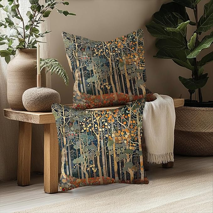 Rustic Autumn Forest William Morris Inspired Pillow Covers 20x20 Set of 2, Fall Home Room Decor, Vintage Botanical NatureDecorative Throw Pillow Covers for Home Bedroom Living Room