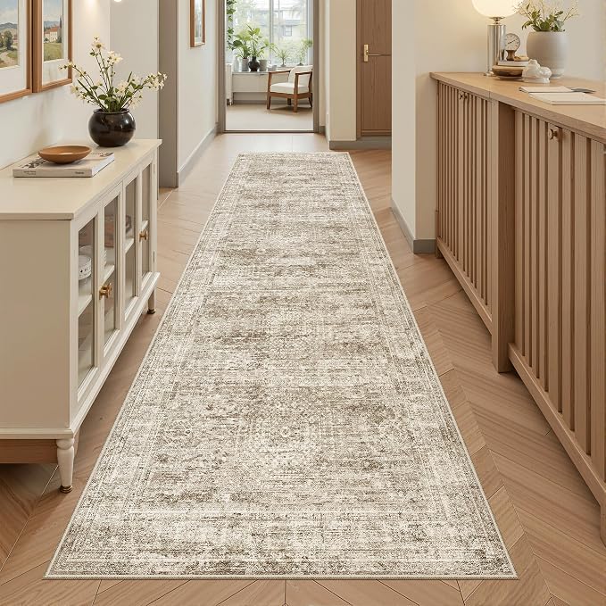 Soalmost Washable Runner Rug 2'6"x8' Kitchen Hallway Runners Brown | Soft Non-Slip 2.5x8ft Carpet for Entryway Bathroom, Low Pile Vintage Foldable Floor Mat for Corridor Laundry Room Bedroom