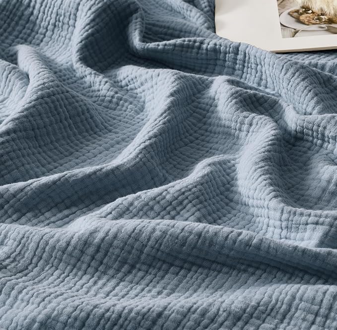 WDCOZY 100% Cotton Muslin Blanket Oversized King 4-Layer for Bed Breathable Lightweight Soft Large Boho Farmhouse Linen Tassels Ruffle Gauze Blankets All Season for Adults 102x120 Inches Dusty Blue