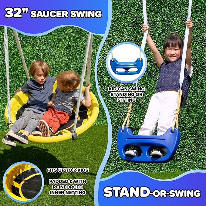 Sportspower Fairbrook Backyard Metal Swing Set for Kids, 500 lb Capacity — Saucer, Standing Swing, Blow-Molded Swing, 5ft Slide, Anchor Kit — Ages 3–8, 11.5' L x 7.5' W x 6.1' H