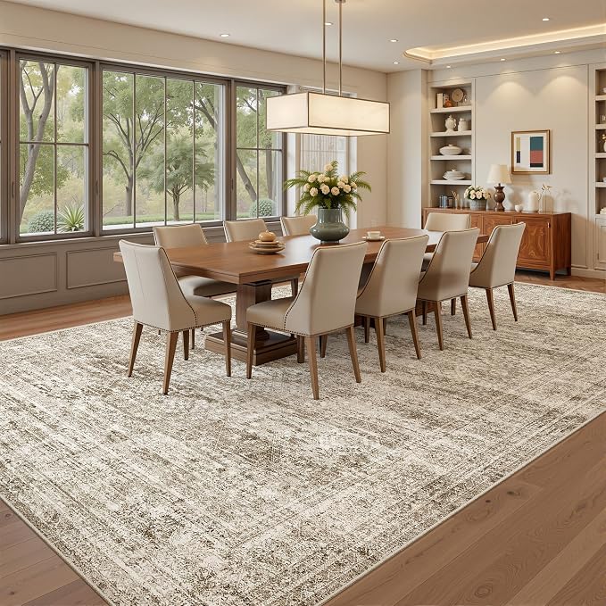 Soalmost 7x10 Area Rug for Living Room Washable Rugs Non-Slip Brown | Low-Pile Vintage Carpet for Dining Bedroom, Foldable Thin Stain Resistant Floor Mat Under Table Home Office Nursery Decor
