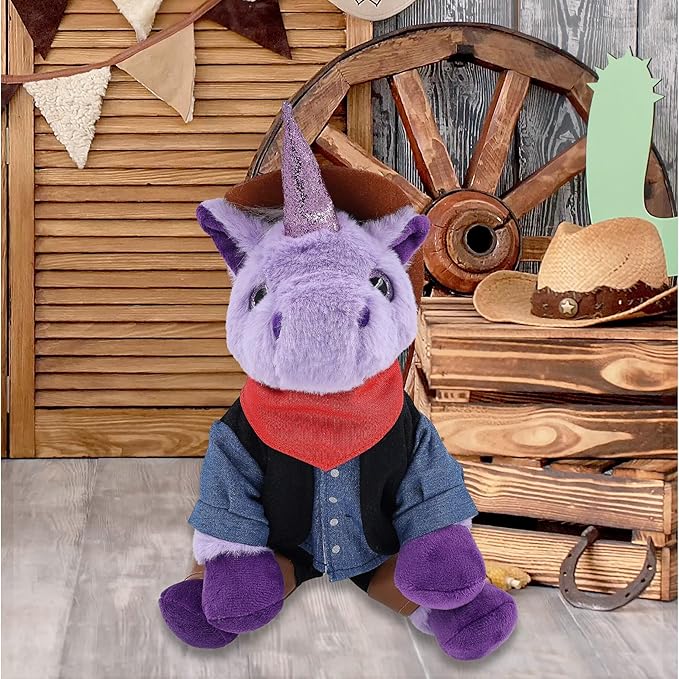 DolliBu Purple Unicorn Stuffed Animal Cowboy Plush with Name Personalization - Western-Themed Unicorn Plush with Cute Cowboy Costume Denim Shirt Vest, Bandana, Leather Pants, and Hat - 9 Inches
