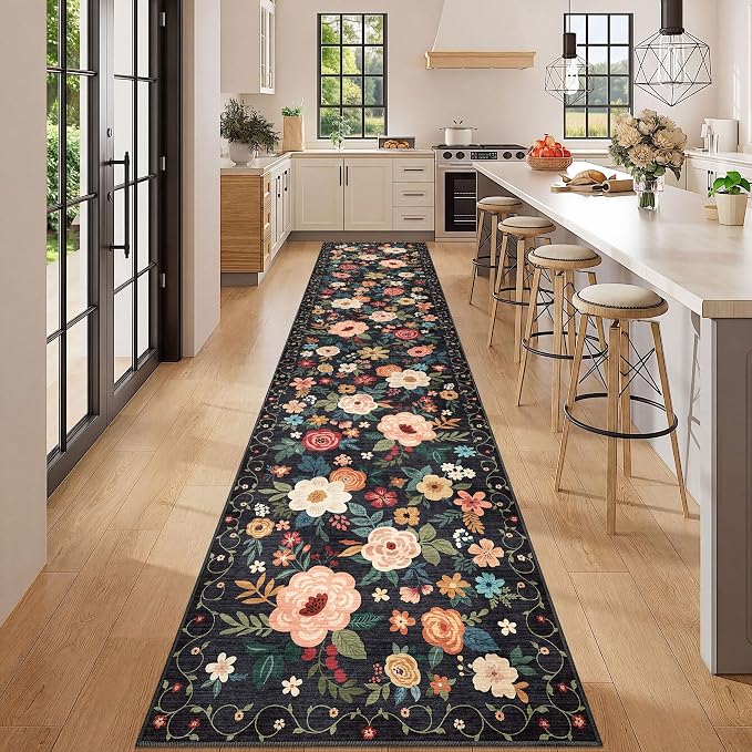 DUKINO 2.6x12 Kitchen Runner Rug, Floral Non Slip Long Washable Rug, Black | Low Pile, Stain Resistant, Soft Indoor Rug Runner for Hallway, Entryway, Bedroom, Bathroom, Laundry, Pet Friendly, Home Decor