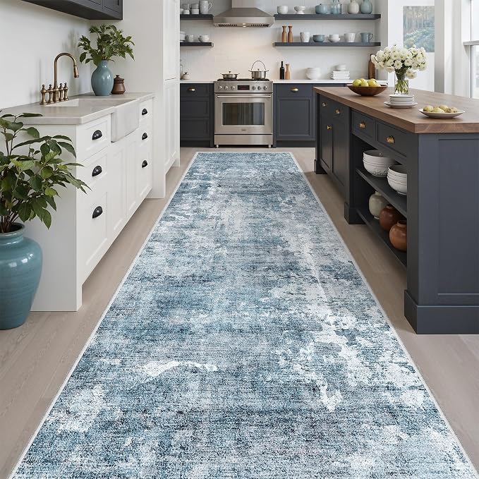 Soalmost Abstract Runner Rug 3x10 Hallway Kitchen Rugs Non-Slip, Blue/Grey | Vintage Washable Long Runners 10ft for Bathroom Laundry Bedroom, Foldable Low-Pile Wide Floor Carpet for Entryway Corridor