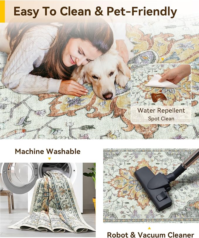 RELEANY Area Rugs 5'x7' Washable Non-Slip, Floral Vintage Distress Medallion Carpet for Living Room Bedroom Dining Room, Beige Carbon Grey Orange