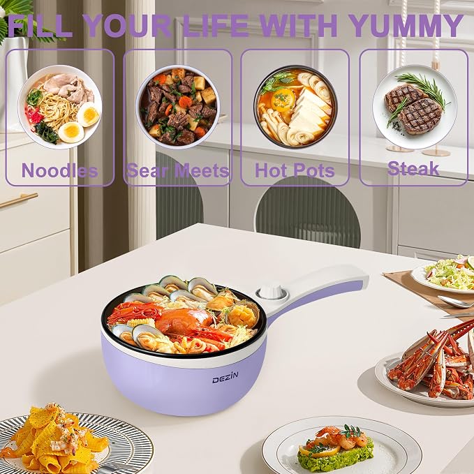 Dezin Hot Pot Electric, 1.5L Non-Stick Portable Electric Pot, Dual Power | 700W Upgraded Electric Pot for Cooking Steak, Egg, Oatmeal, Soup, Mini Ramen Cooker for Dorm, Travel, Camping, RV, Purple Pan