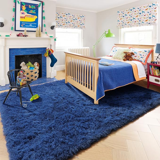 Amdrebio Navy Blue Area Rugs for Boys Bedroom, 5x8 Shag Fluffy Furry Plush Rug for Kids Room, Living Room Decor Aesthetic, Cool Royal Dark Blue Carpet for Baby Nursery Classroom Office Dorm Playroom
