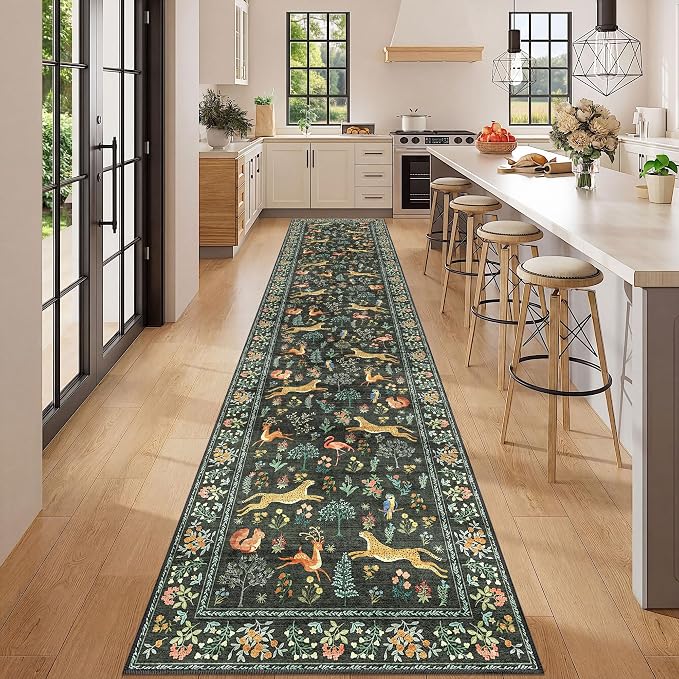 DUKINO 2.6x12 Hallway Runner Rug, Washable Animal Rug Non Slip, Black | Low Pile, Stain Resistant, Soft Indoor Long Carpet Runner for Entryway, Kitchen, Bedroom, Bathroom, Pet Friendly, Ultra-Thin