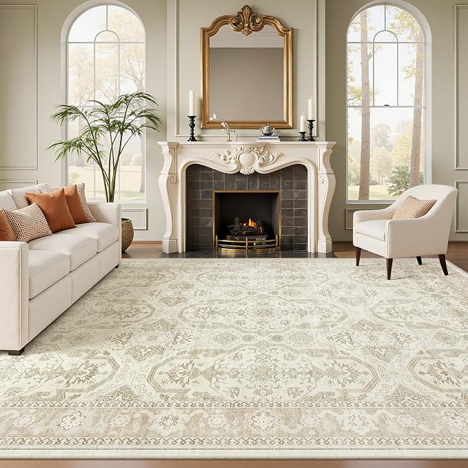 Soalmost 10x12 Area Rugs for Living Room Washable Rug Non-Slip Beige/Brown | Large Vintage Stain Resistant Carpet for Dining Bedroom, Low Pile Lightweight Foldable Floor Mat Nursery Home Office Decor