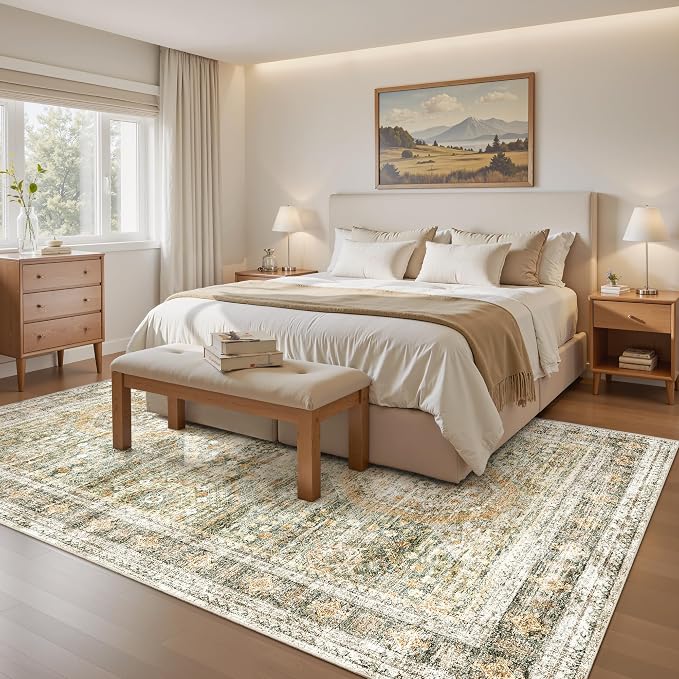 Soalmost 6x9 Area Rug for Living Room Washable Rugs Non-Slip Green/Orange | Low-Pile Vintage Carpet for Dining Bedroom, Foldable Thin Stain Resistant Floor Mat Under Table Home Office Nursery Decor