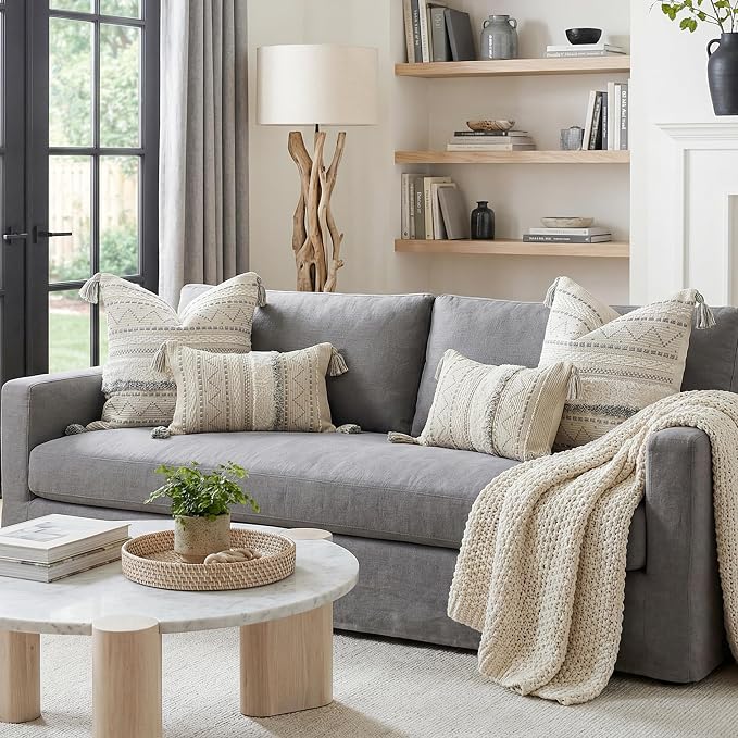 Decorative Lumbar Throw Pillow Covers 12x20 Combo Set of 2 Gray Rectangular Boho Accent Pillowcase Neutral Grey Farmhouse Cushion for Couch Sofa Bedroom Living Home Décor Cover ONLY