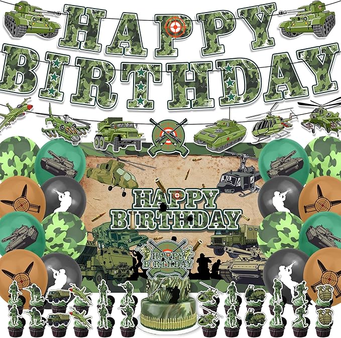 43Pcs Army Birthday Party Decorations Military Supplies Includes Soldier Balloons- Banner-Cake Topper-Cupcake Toppers-Army Soldier Backdrop for Camo Birthday Party Decorations