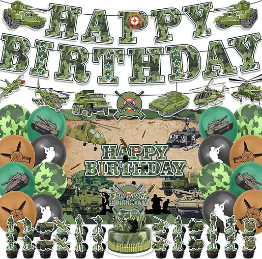 43Pcs Army Birthday Party Decorations Military Supplies Includes Soldier Balloons- Banner-Cake Topper-Cupcake Toppers-Army Soldier Backdrop for Camo Birthday Party Decorations