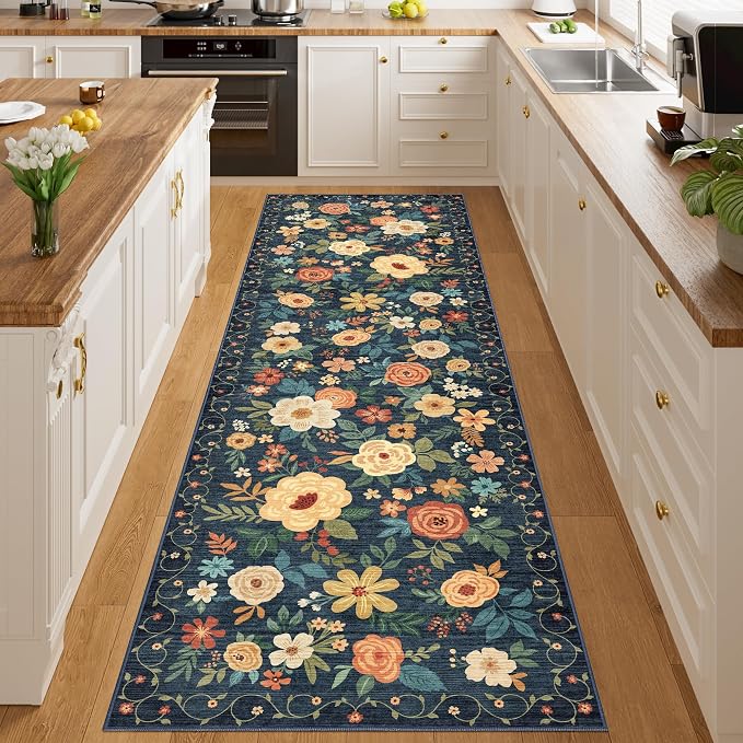 DUKINO 3x10 Runner Rug, Washable Kitchen Runner Rug Non Slip, Navy Blue | Soft, Low Pile, Floral Indoor Rug Runner for Hallway, Entryway, Bedroom, Bathroom, Home Decor, Pet Friendly, Stain Resistant