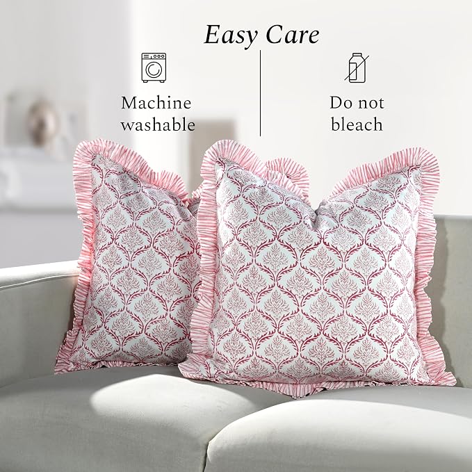 CPC Blush Rose Hand Block Print 100% Cotton Ruffle Throw Pillow Cover 18x18 inch with Hidden Zipper Decorative for Couch, Bed, Sofa, Farmhouse, Cottagecore Decor Gift Christmas Fall Thanksgiving