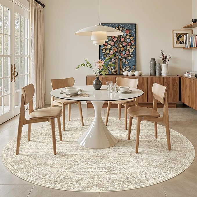 Soalmost Round Rugs 9ft Living Room Circle Area Rug 9x9 Beige Vintage | Washable Non Slip Indoor Carpet for Apartment, Dining Bedroom, Soft Low Pile Stain Resistant Foldable Floor Mat Entryway