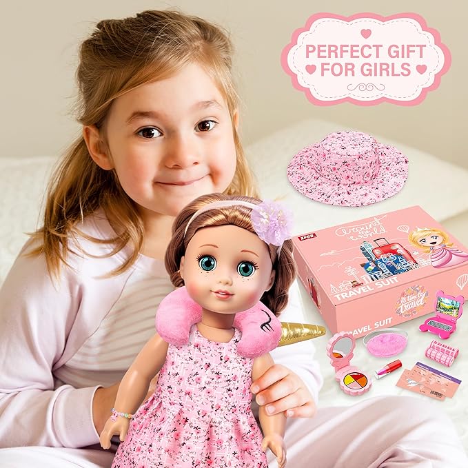 Doll Suitcase Travel Set, 18 inch Doll Clothes and Accessories - 28 Pcs Travel Pillow, Unicorn Bag, Sunglasses, Camera, Computer, Phone, Passport, Birthday Gift for Age 3 4 5 6 Year Old Girls